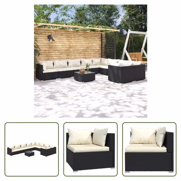 The Living Store Set da giardino da 10 pezzi con cuscini in poly rattan nero