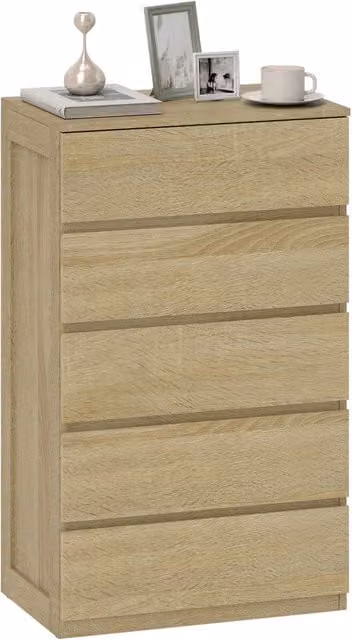 Cassettiera Minimal con 5 Cassetti in Legno e Guide in Metallo, Colore Faggio, L 60 cm x P 39 cm x H 100 cm