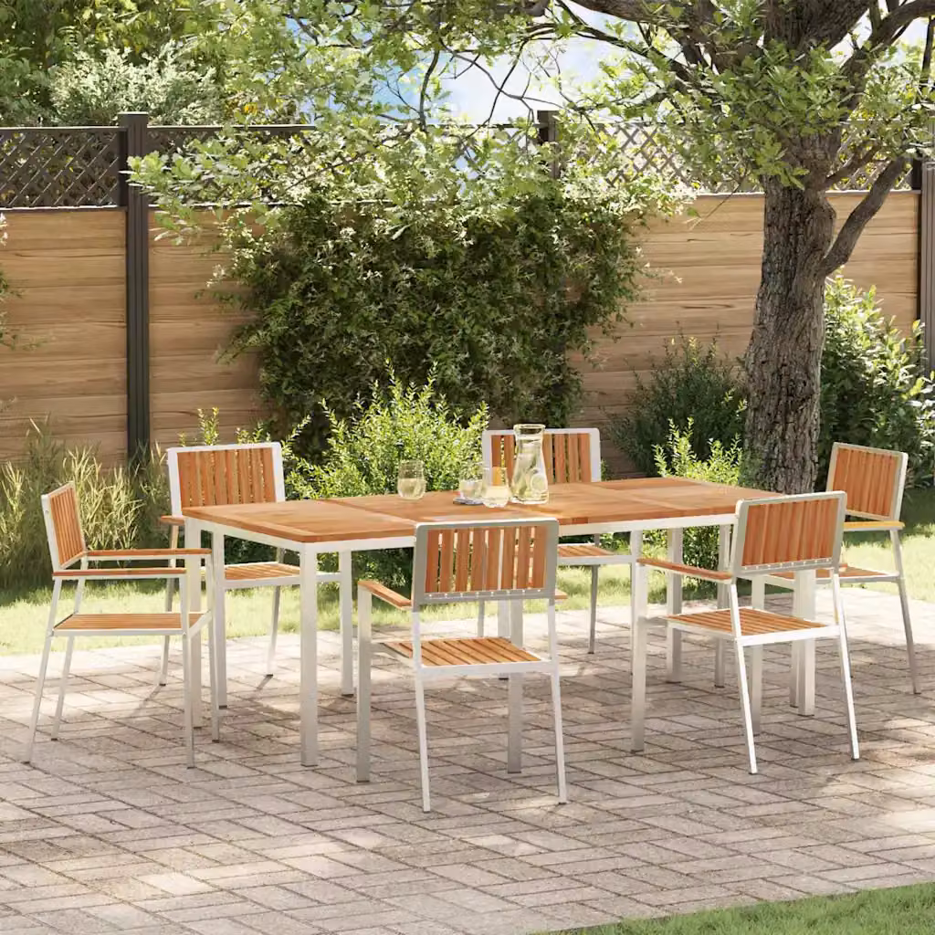 Set da pranzo per esterni vidaXL in teak e acciaio inossidabile, 7 pezzi, marrone e argento, L: 200 cm, P: 90 cm, H: 75 cm