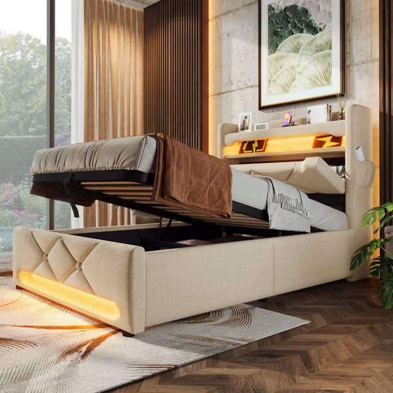 Letto imbottito Abrihome 90x200 cm con porta USB e Type-C, letto per ragazzi con contenitore e luci LED, letti con contenitore idraulico, tessuto in lino, beige (senza materasso)