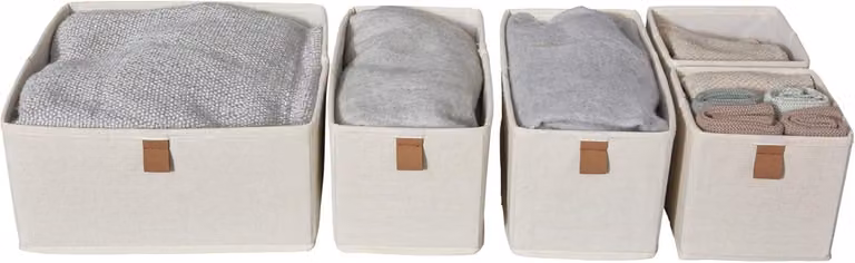 Scatole di stoccaggio, 5 pezzi, color beige, in lino, con pareti rinforzate, di diverse dimensioni, ideali per l'abbigliamento