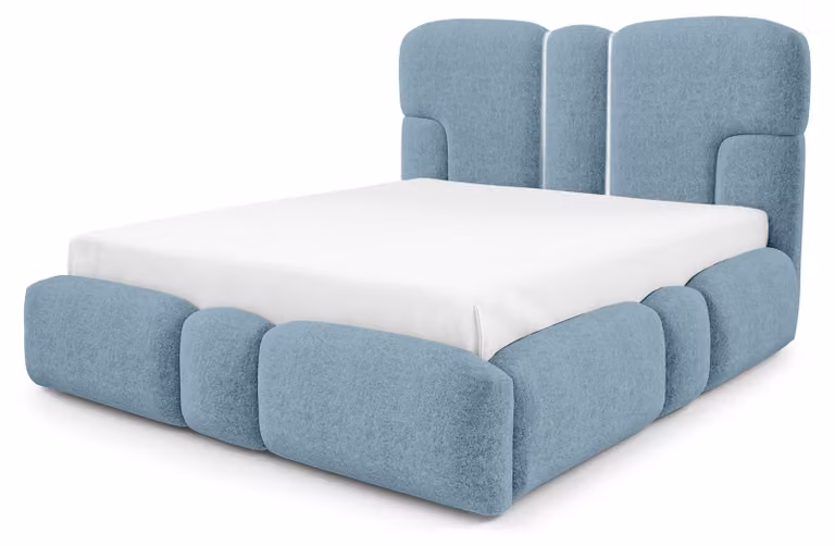 Letto imbottito con contenitore integrato, modello Puffra, finitura "Kühle Lagune", dimensioni 140 x 200 cm