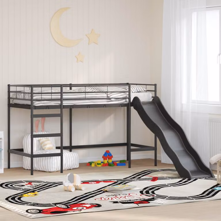 Letto loft singolo per bambini vidaXL in metallo con scala, Nero e antracite, L: 90 cm, P: 190 cm, H: 194 cm