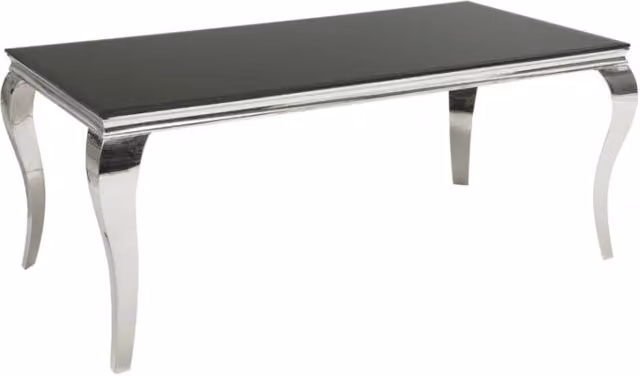 Tavolo da pranzo VELENA 180 cm – Piano in vetro nero e struttura in acciaio argentato lucido