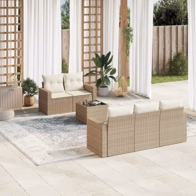 Set Divano da Giardino 6 pz con Cuscini Beige in Polyrattan 3251035