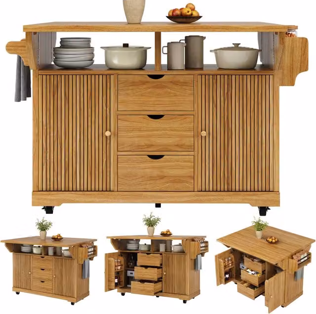 Carrello da cucina con piano allungabile 142;5 x 80 x 95 cm; 3 cassetti; MDF e metallo; marrone scuro