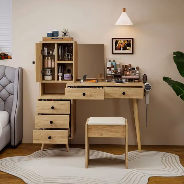 Scrivania Minimal con cassetti in rovere, colore beige e marrone, L: 90 cm, P: 50 cm, H: 75 cm