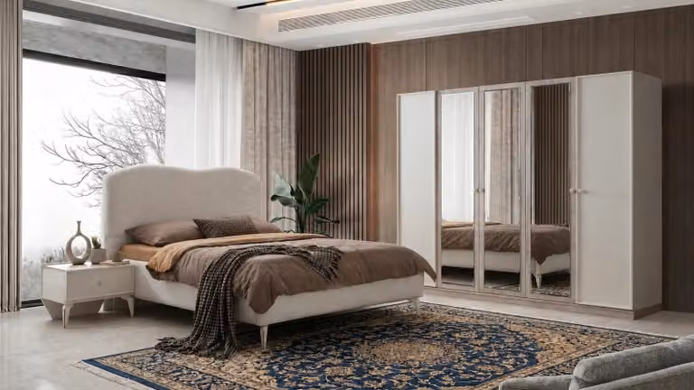 Set per camera da letto: armadio, letto, testiera, 2 comodini, design moderno, colore beige