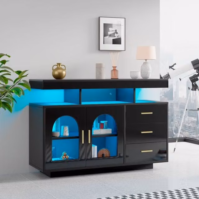 Sideboard Buffet 120 cm Nero Lucido con Luci LED 16 Colori, Mobile con Cassetti per Soggiorno e Cucina