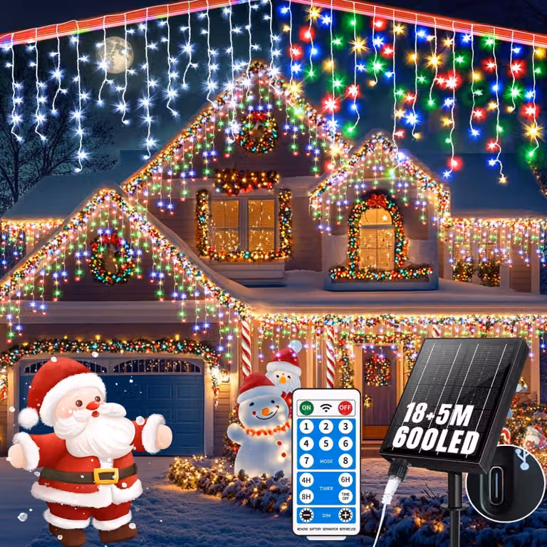 Catena luminosa a forma di cristalli di ghiaccio, 600 LED, alimentazione solare, cambio colore, controllo remoto