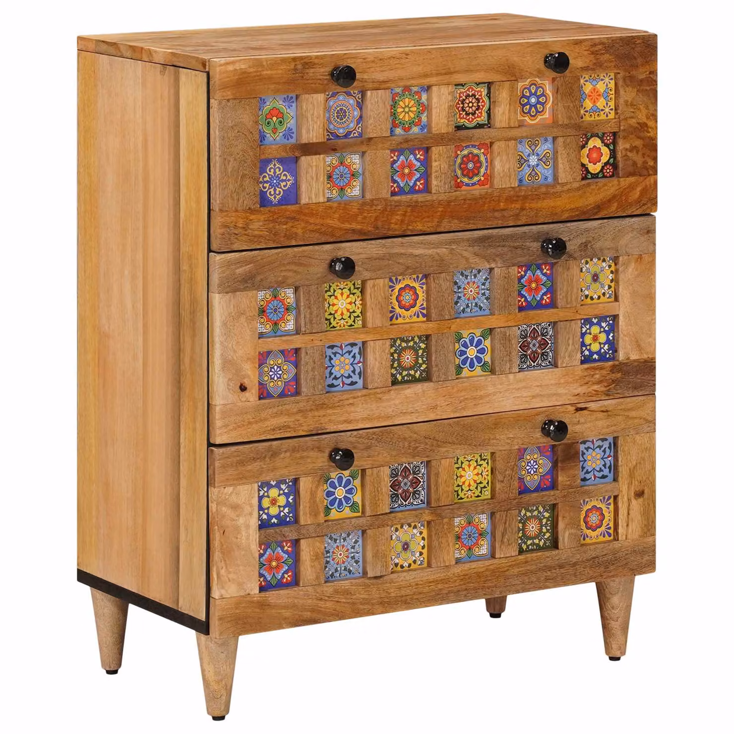 Credenza moderna vidaXL in legno di mango massello, Naturale/Multicolore, L: 60 cm, P: 33 cm, H: 75 cm