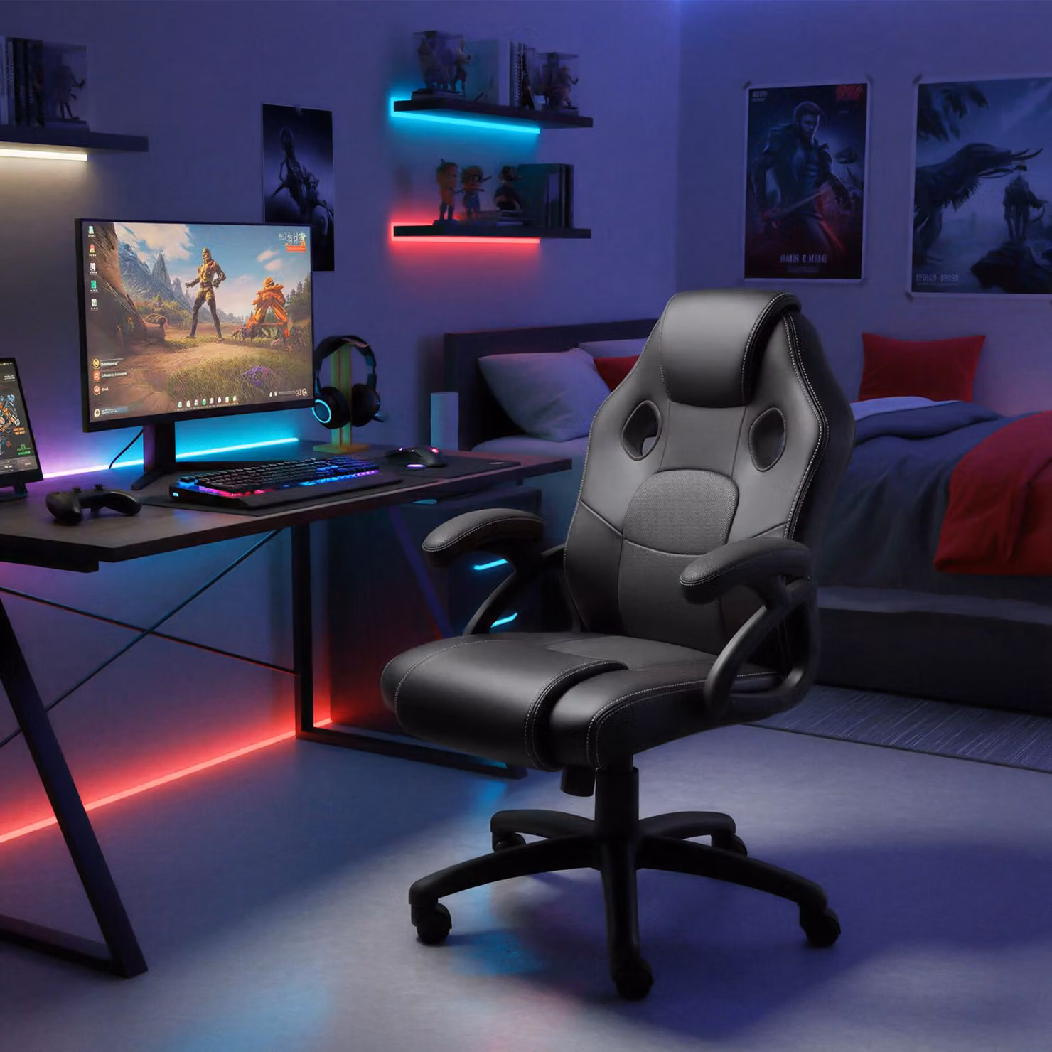 Sedia da gioco racing Mike tectake nera in ecopelle e tessuto con poggiatesta e rotelle – 1