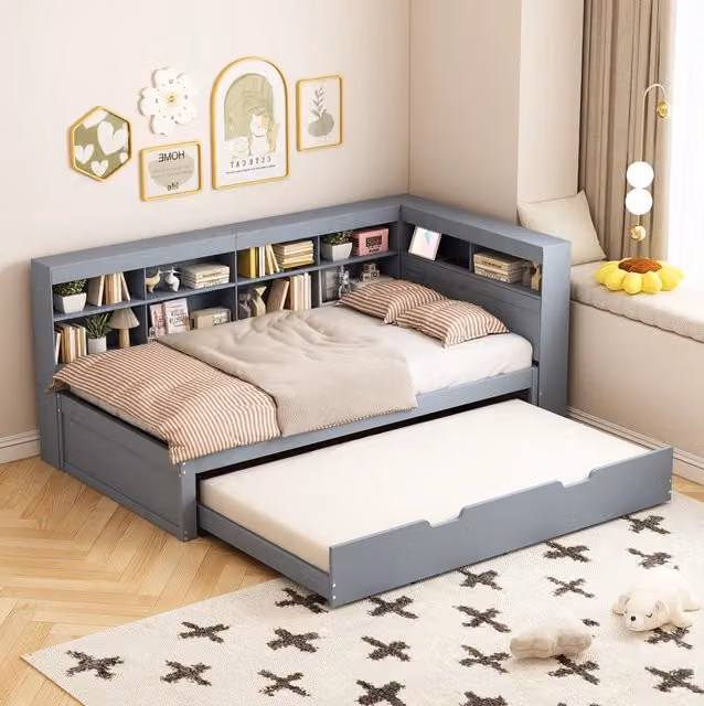 Letto singolo estraibile ULEVR 90x200 cm con letto supplementare 90x190 cm, USB e vani contenitore, grigio