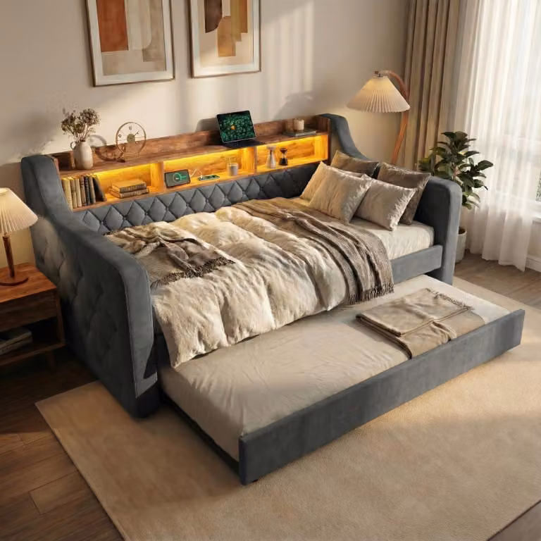 LVHOM Letto da giorno allungabile 90x190cm con contenitore, USB e LED, divano letto con letto estraibile, letto da giorno in velluto con rete a doghe, letto da giorno con cuciture a bottoni, grigio