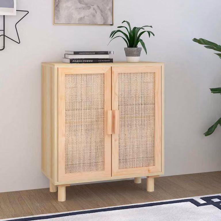 Credenza vidaXL in legno massello di pino e rattan naturale, stile scandinavo, Marrone e Beige, L: 60 cm, P: 30 cm, H: 70 cm