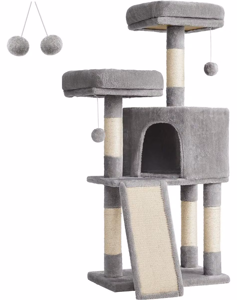 Tiragraffi per gatti a torre con cuccia e amaca grigio chiaro