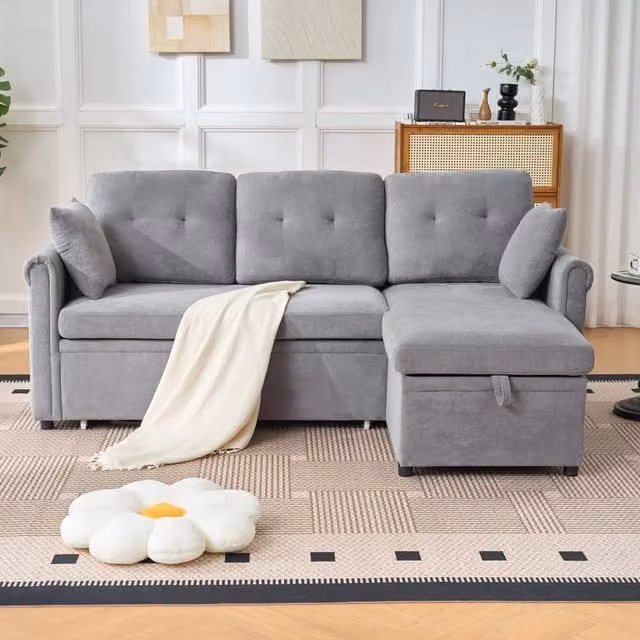 Divano angolare convertibile con vano contenitore e funzione letto chaise longue reversibile in ciniglia grigia