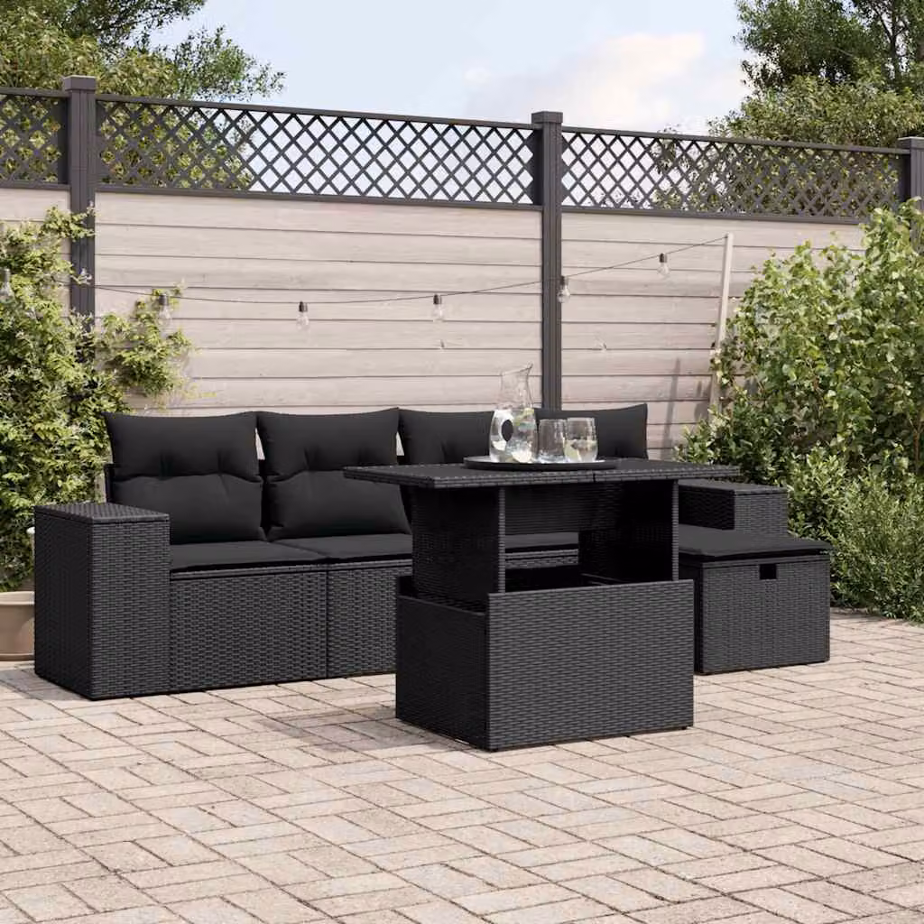 vidaXL Set Divano da Giardino 6 pz in Polyrattan Nero con Cuscini e Tavolino – 1