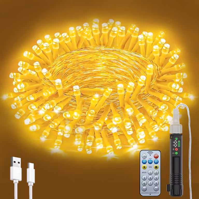 Catena luminosa da 10 metri, con 100 LED bianco caldo, ricaricabile tramite USB, grado di protezione IP44, telecomando, timer