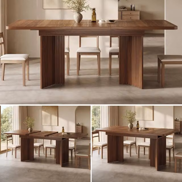 Tavolo da pranzo allungabile con piano da 120 a 160 cm; gambe a V scanalate; MDF e metallo; portata 60 kg