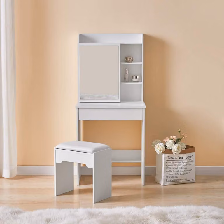 Comò da trucco con sgabello, colore bianco, 60 cm, realizzato in MDF, con specchio e 7 ripiani