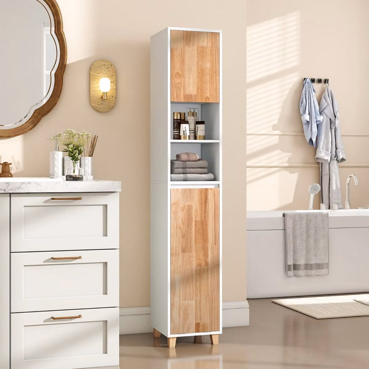 Armadio per biancheria da bagno Costway in legno di gomma bianco con 3 ripiani e cesta rimovibile
