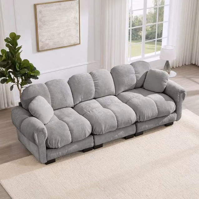 Divano modulare 260x86x90 cm in ciniglia con cuscino mobile; grigio chiaro