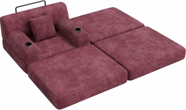 Poltrona letto Chicfurn singola in velluto a coste rosso vino con schienale alto, tasche laterali e portabicchieri, struttura in metallo L: 81 cm, P: 107 cm, H: 162 cm – 1