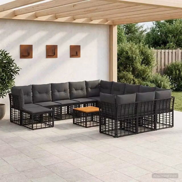 Set di divani da esterno vidaXL a forma di U composto da 13 pezzi con tavolino, pouf ed elementi angolari, colore nero e grigio, struttura in acciaio verniciato a polvere e legno di acacia con cuscini in poliestere e schiuma