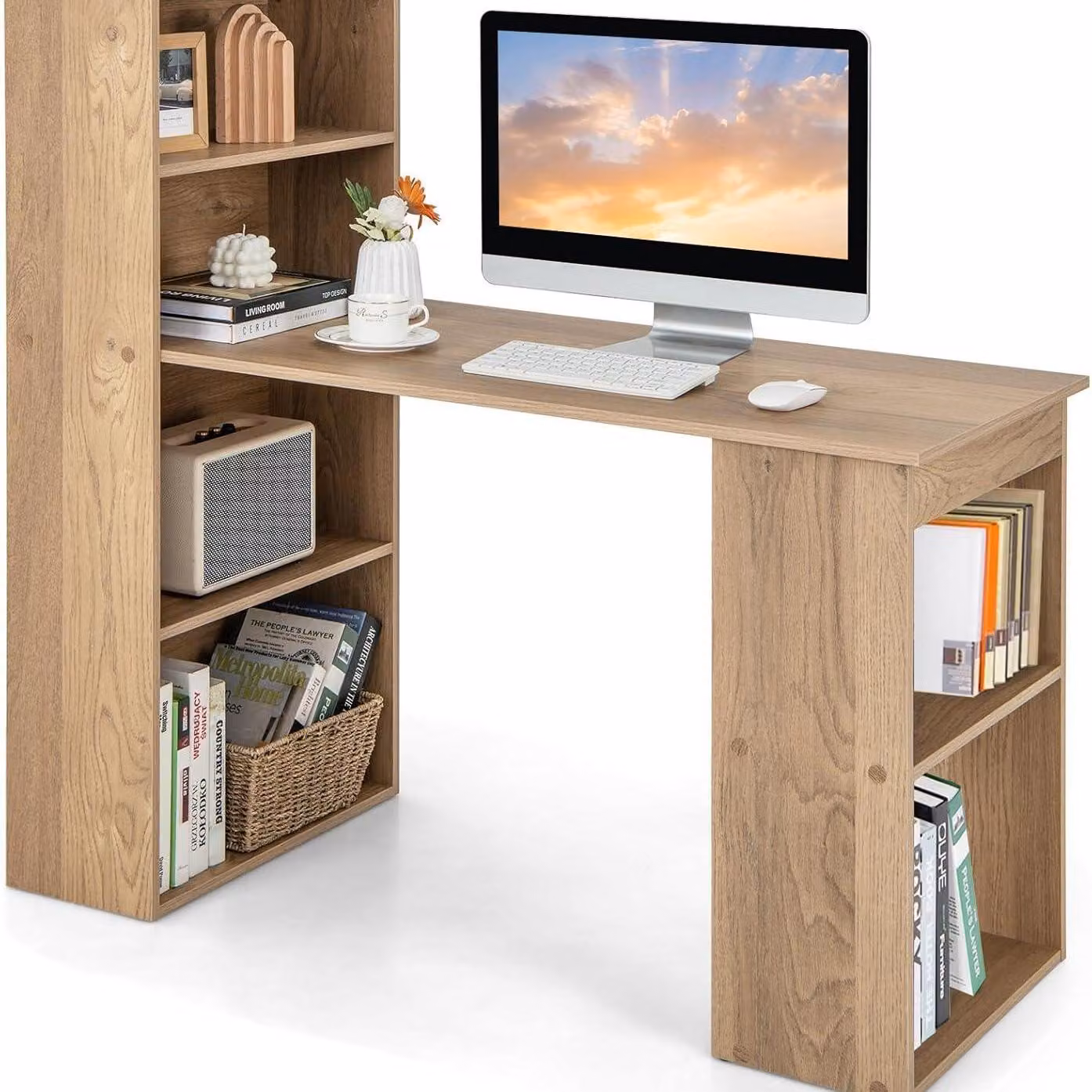 Scrivania – Tavolo per computer – Postazione di lavoro – Scrivania – Con 6 scomparti portaoggetti – Pannello laterale, disponibile a sinistra o a destra – 122x56x122 cm