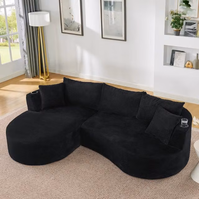 Divano 3 Posti con Chaise Longue Sinistra ¨C MINIMAL ¨C Tessuto a Coste, Nero, con Cuscini e Portabicchieri