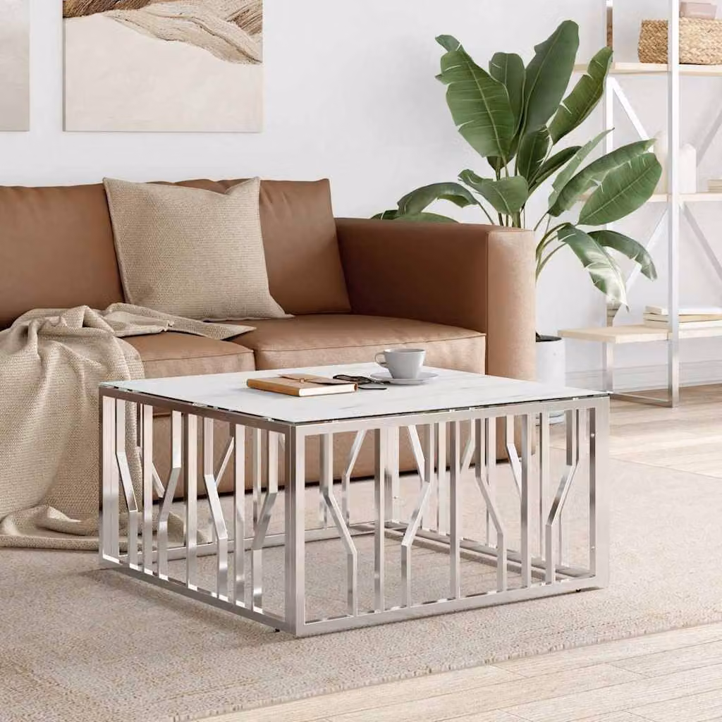 vidaXL Tavolino da Salotto Moderno Quadrato in Vetro e Metallo Argento e Bianco L/P/H: 80 x 80 x 40 cm