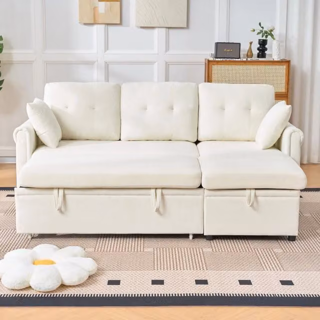 Divano angolare convertibile con letto, contenitore e chaiselongue reversibile con tasche laterali in chenille beige