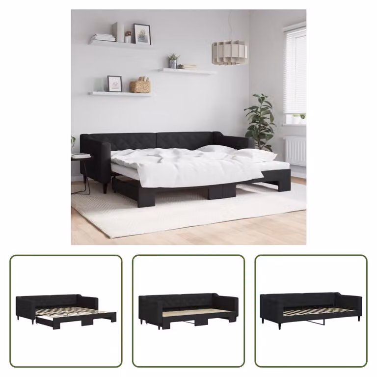 The Living Store letto da giorno allungabile nero 90x200 cm in tessuto