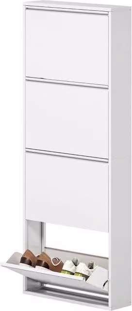 Scarpiera a muro in metallo bianco con 4 ribalte, porta scarpe stretto per 8 paia, 55x15x139,5 cm