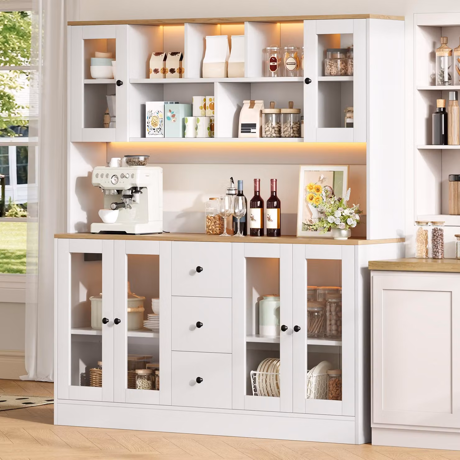 Abrihome, mobiletto multifunzionale per la cucina, 150 x 40 x 173 cm – mobiletto alto con illuminazione a LED, prese di corrente, 6 ante in acrilico e 3 cassetti, colore bianco