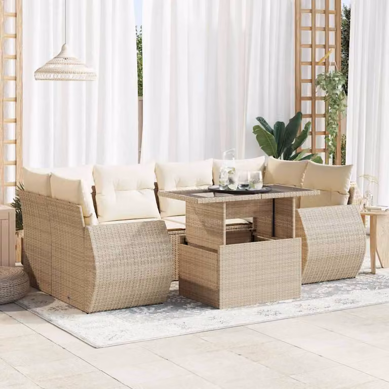 Set di divani da giardino vidaXL 7 pezzi in polyrattan con cuscini beige e tavolino per esterno