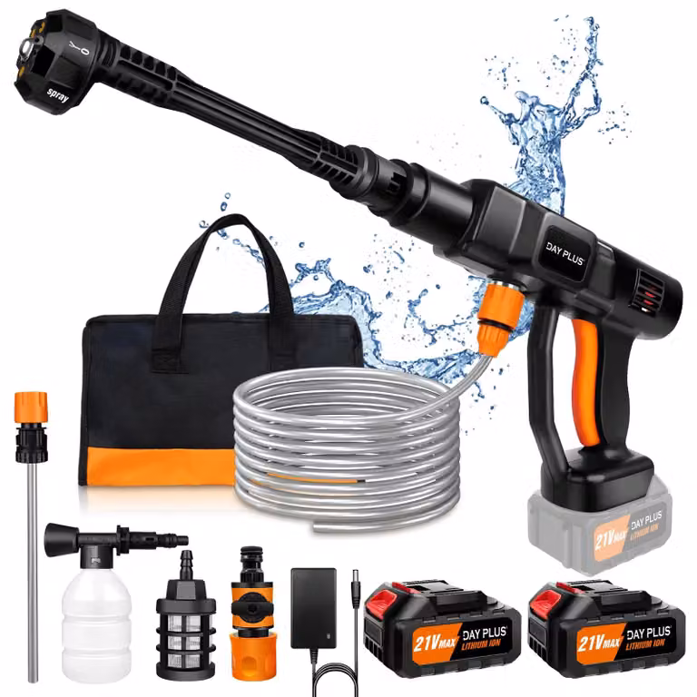 Idropulitrice senza fili - Lavaauto portatile a batteria - 2 batterie - Ugello multifunzione 6-in-1 - Motore brushless - Tubo flessibile per l'acqua - Getto a ventaglio