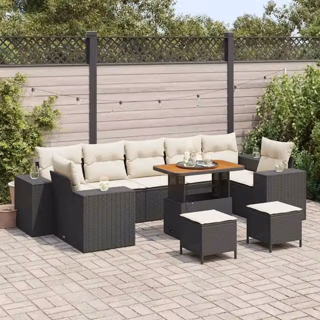 Set Divano da Giardino 10 pz 9-Numero di posti Nero e Crema 3363940