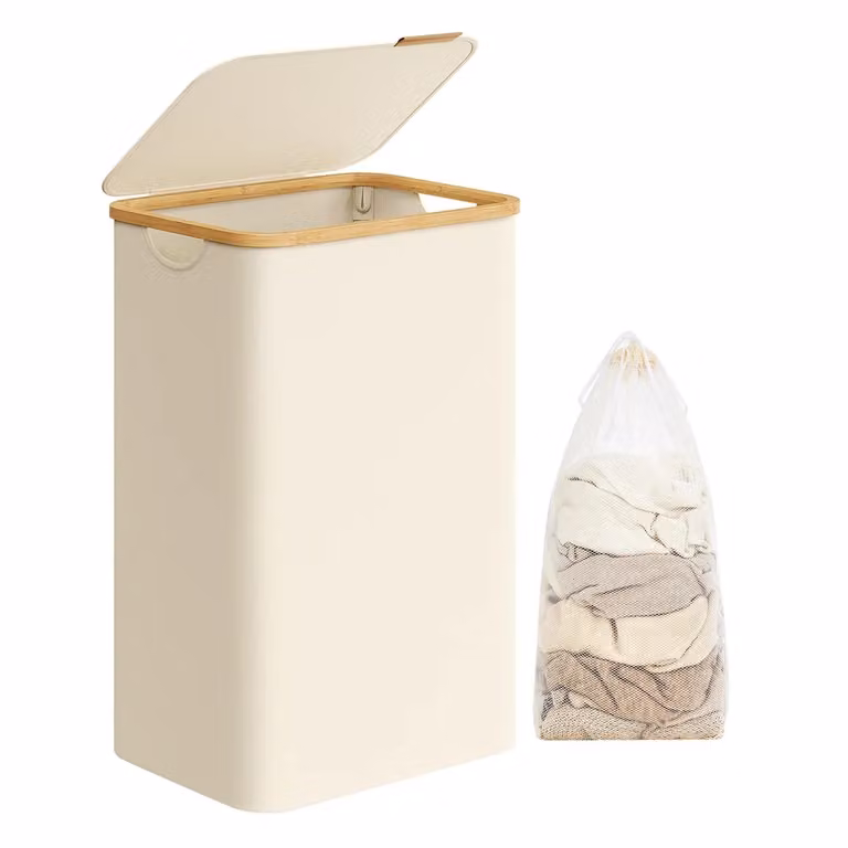 Cesto Portabiancheria con Coperchio, Bianco Crema / 90L (1 Scomparti)