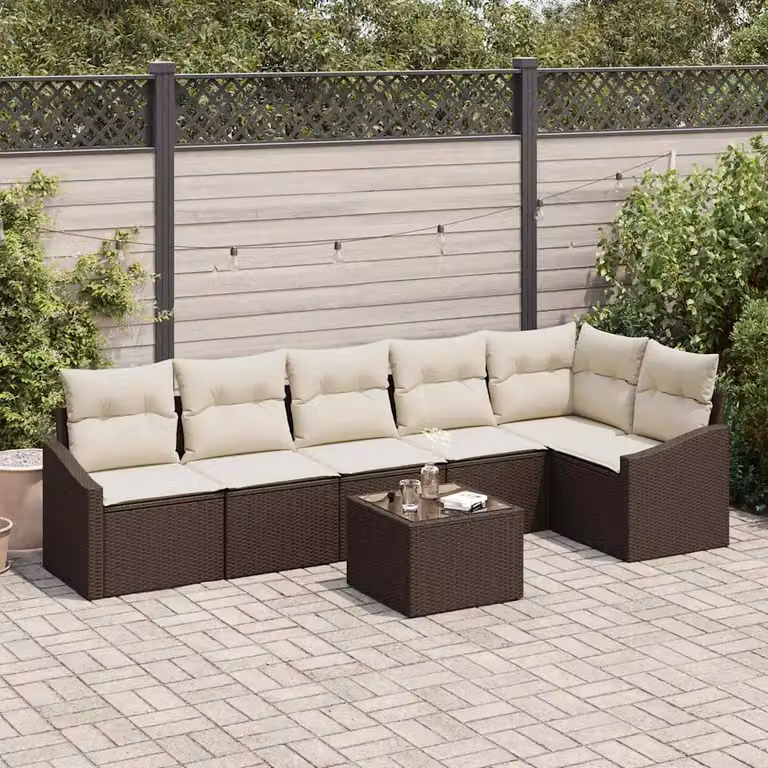 vidaXL Set Divano da Giardino 7 Pezzi in Polyrattan Marrone e Beige con Cuscini e Tavolino