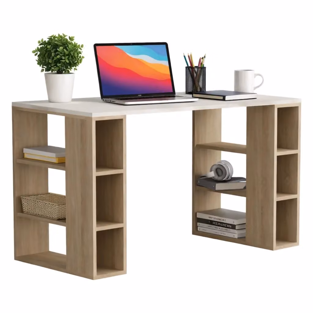 Scrivania DMORA Sulpice moderna in legno e MDF, Bianco e Marrone, L 140 x P 60 x H 75 cm – 2