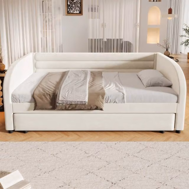 Desviae Letto singolo 90 × 200 cm con letto estraibile e luce LED, senza materasso, in flanella beige