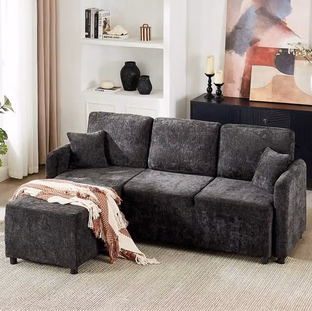 Divano angolare 187,5x144x85,5 cm in ciniglia nera, 3 posti salvaspazio –