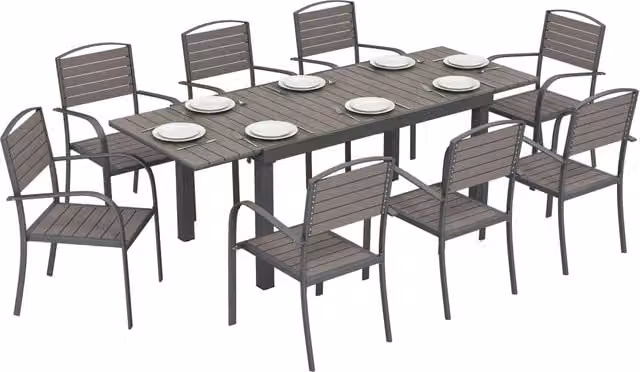 Set da pranzo da esterno Minimal composto da tavolo rettangolare allungabile e 8 sedie in alluminio grigio opaco