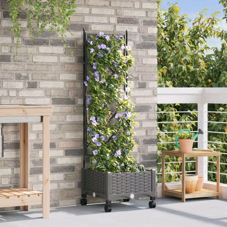 vidaXL Vaso da giardino con grigliato e ruote Grigio Chiaro in plastica