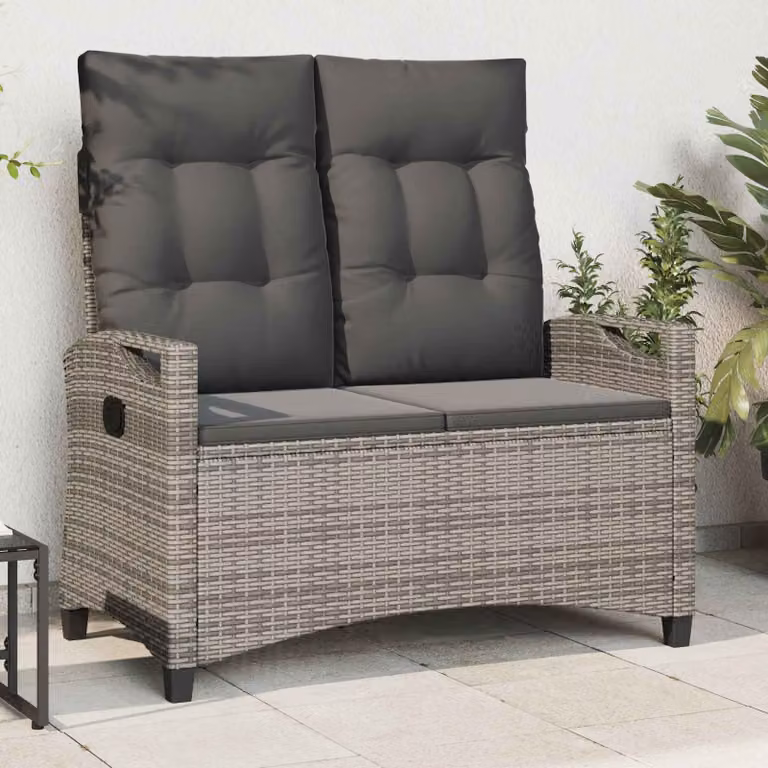 Panchina da giardino moderna vidaXL in rattan e metallo con braccioli, Grigio e Nero, L: 105 cm, P: 60 cm, H: 112 cm