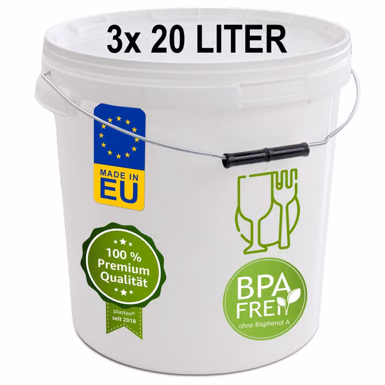 plasteo® 3x secchio da 20 litri con coperchio Secchio in plastica ermetico per alimenti Secchio in plastica Secchio vuoto Secchio da trasporto (3x 20 litri)