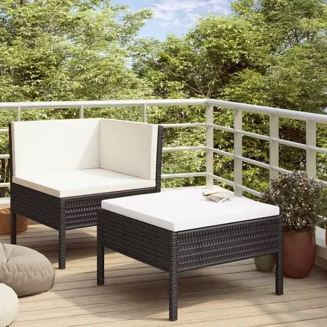 Set Divano da Giardino a L con Ottoman vidaXL, Colore Bianco e Nero, con Cuscini Inclusi e Struttura in Metallo – 1