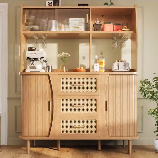 Credenza alta 174,5 cm con ante scorrevoli in vetro e motivo rattan, finitura legno naturale/noce, portata fino a 60 kg